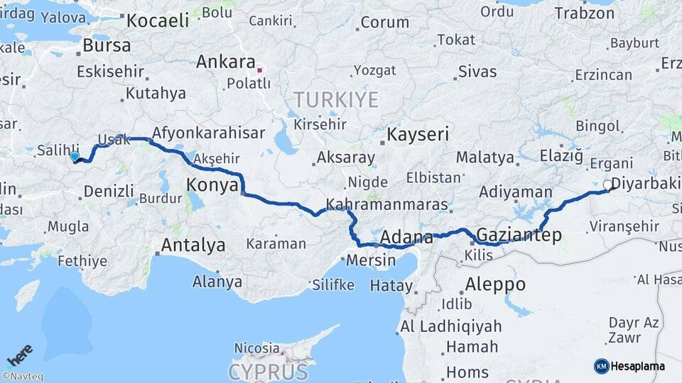 Uşak Eşme Diyarbakır Arası Kaç Km - Yol Haritası