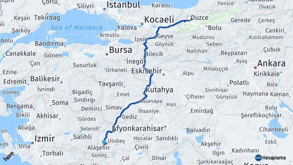 Uşak Eşme Düzce Arası Kaç Km - Yol Haritası