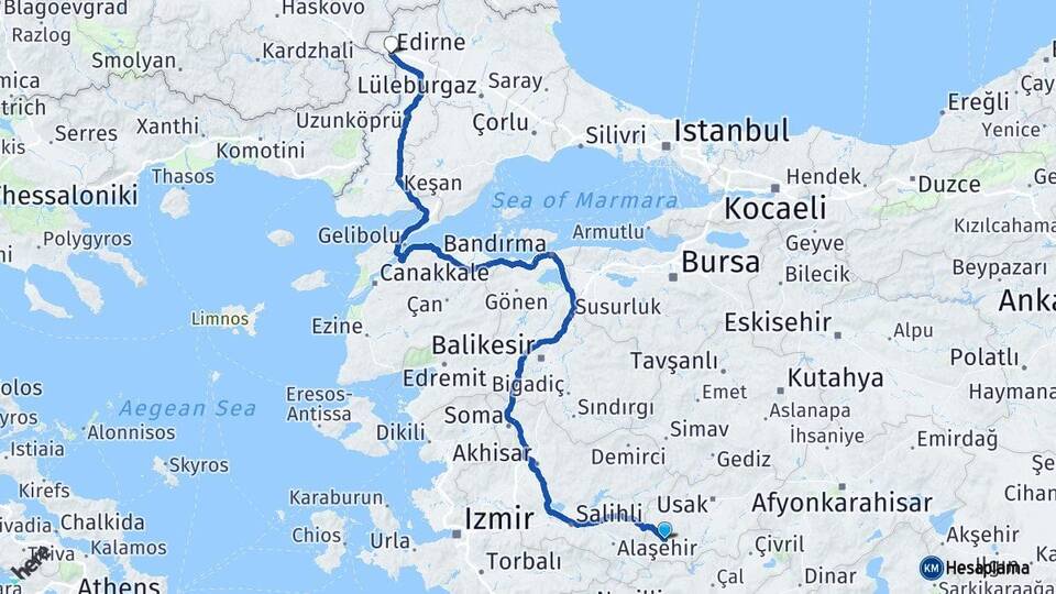 Uşak Eşme Edirne Arası Kaç Km - Yol Haritası