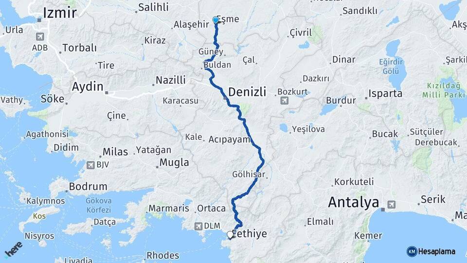 Uşak Eşme Fethiye Muğla Arası Kaç Km - Yol Haritası
