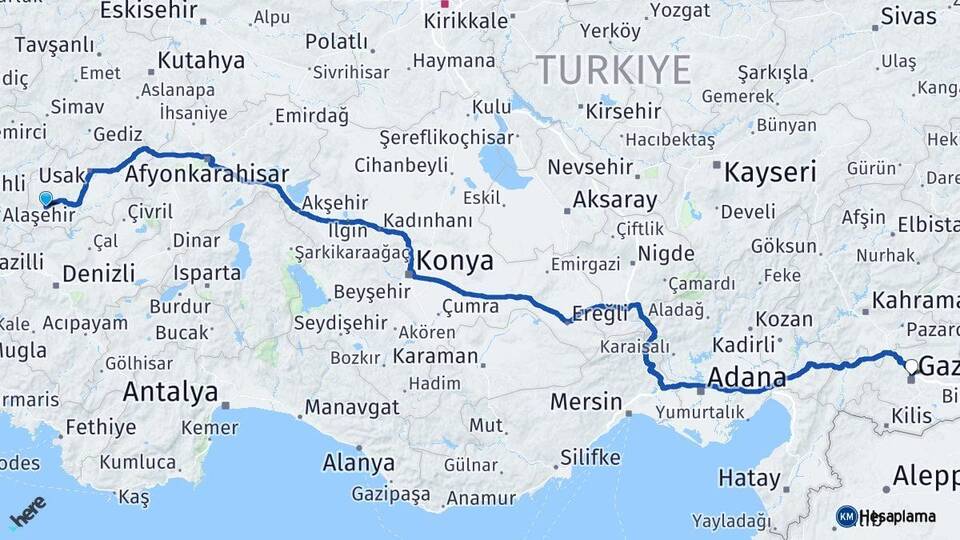 Uşak Eşme Gaziantep Arası Kaç Km - Yol Haritası