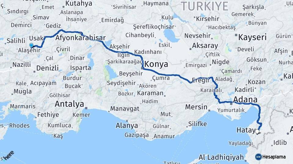 Uşak Eşme Hatay Arası Kaç Km - Yol Haritası
