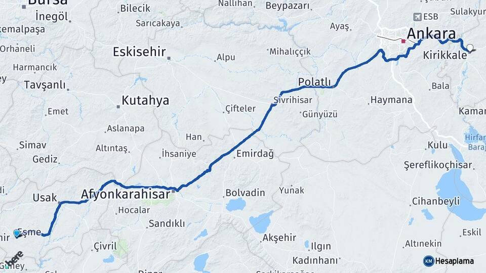 Uşak Eşme Kırıkkale Arası Kaç Km - Yol Haritası