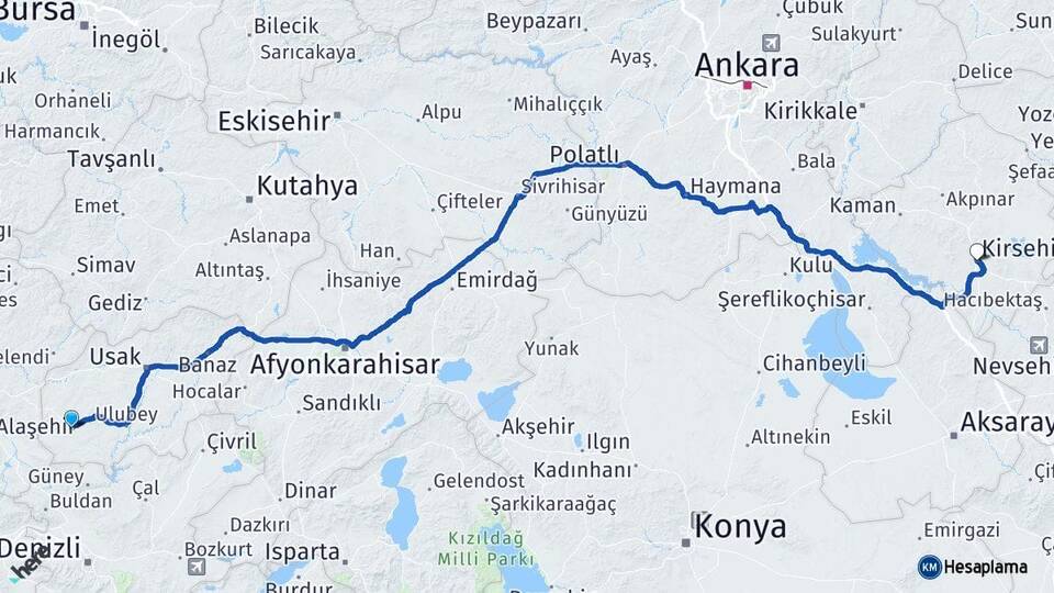 Uşak Eşme Kırşehir Arası Kaç Km - Yol Haritası