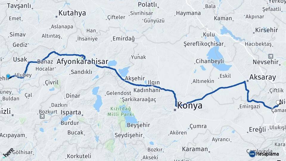 Uşak Eşme Niğde Arası Kaç Km - Yol Haritası