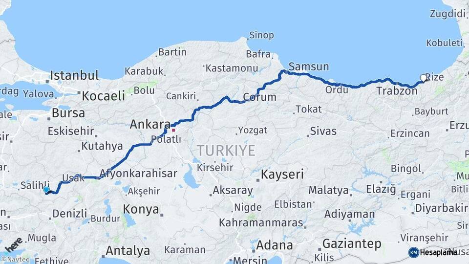 Uşak Eşme Rize Arası Kaç Km - Yol Haritası