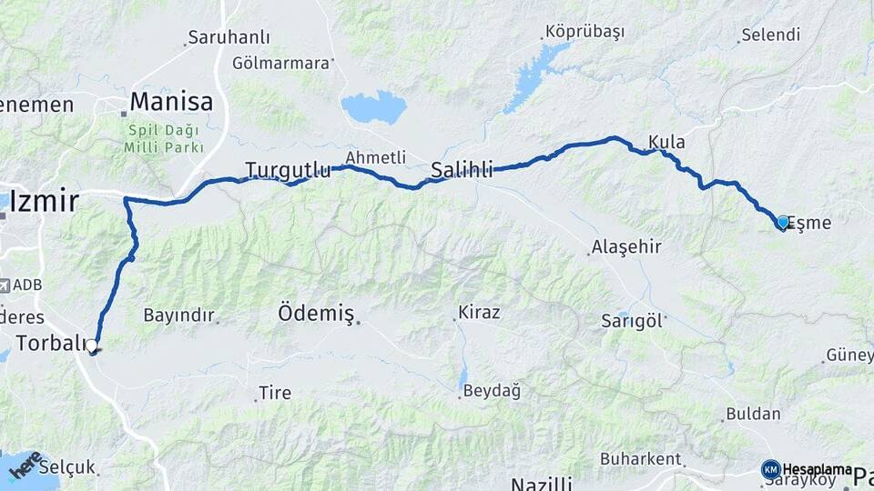 Uşak Eşme Torbalı İzmir Arası Kaç Km - Yol Haritası