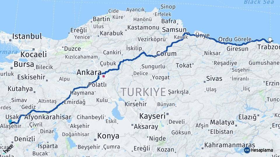 Uşak Eşme Trabzon Arası Kaç Km - Yol Haritası
