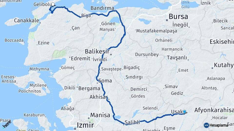 Uşak Gelibolu Çanakkale Arası Kaç Km - Yol Haritası