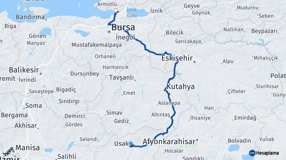 Uşak Gemlik Bursa Arası Kaç Km - Yol Haritası