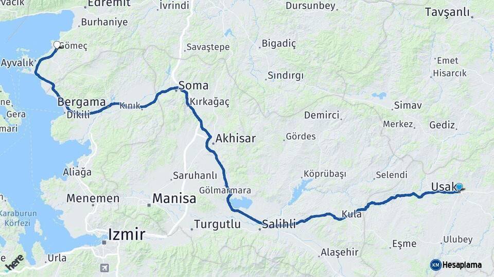 Uşak Gömeç Balıkesir Arası Kaç Km - Yol Haritası