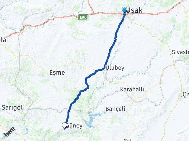 Uşak Güney Denizli Arası Kaç Km - Yol Haritası