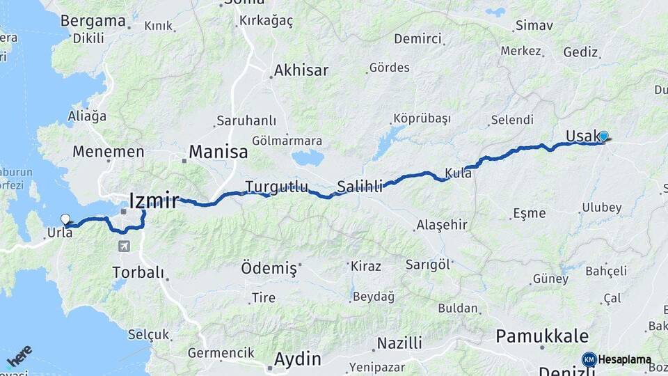 Uşak Güzelbahçe İzmir Arası Kaç Km - Yol Haritası