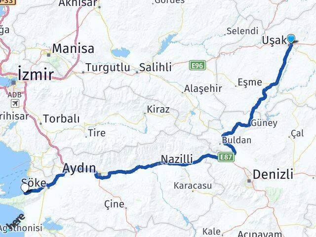 Uşak Güzelçamlı Kuşadası Aydın Arası Kaç Km - Yol Haritası