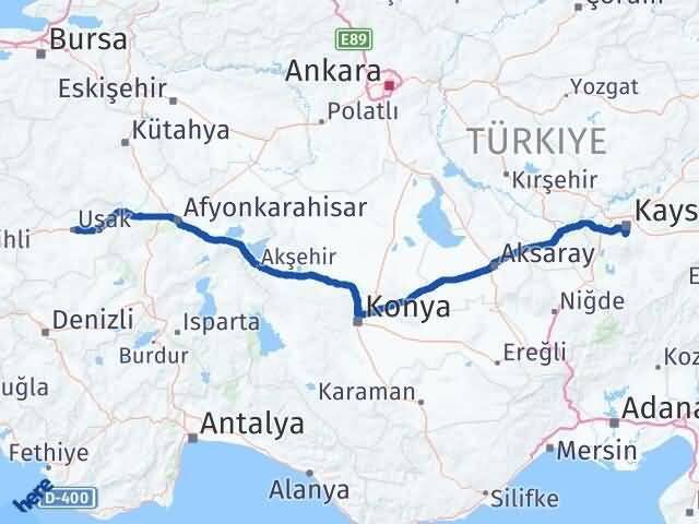 Uşak Hacılar Kayseri Arası Kaç Km - Yol Haritası