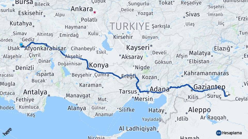 Uşak Harran Şanlıurfa Arası Kaç Km - Yol Haritası