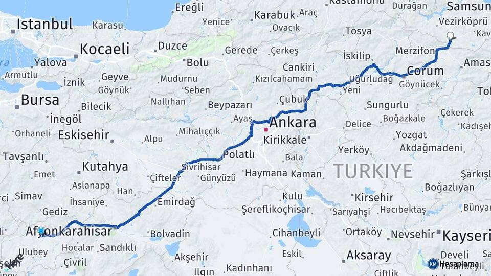 Uşak Havza Samsun Arası Kaç Km - Yol Haritası