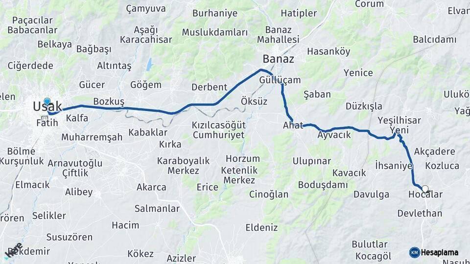 Uşak Hocalar Afyonkarahisar Arası Kaç Km - Yol Haritası