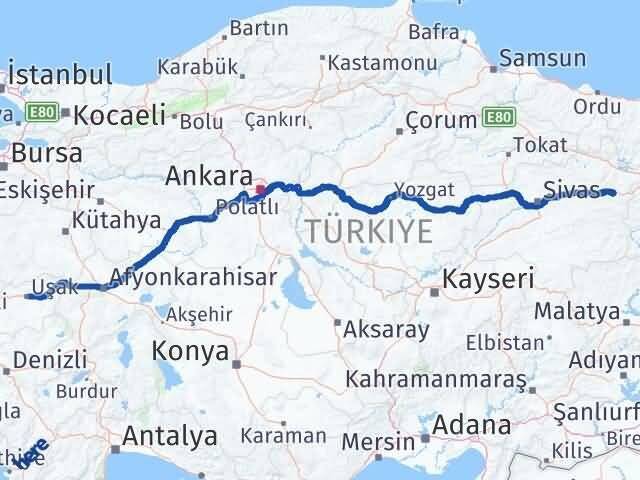 Uşak İmranlı Sivas Arası Kaç Km - Yol Haritası