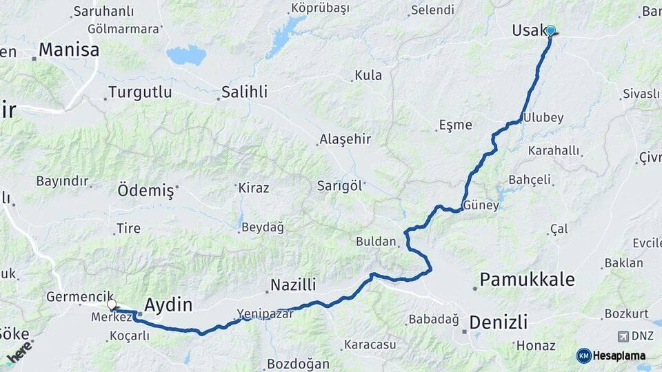 Uşak İncirliova Aydın Arası Kaç Km - Yol Haritası