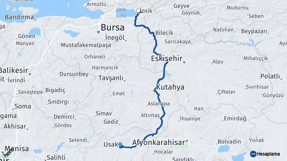Uşak İznik Bursa Arası Kaç Km - Yol Haritası