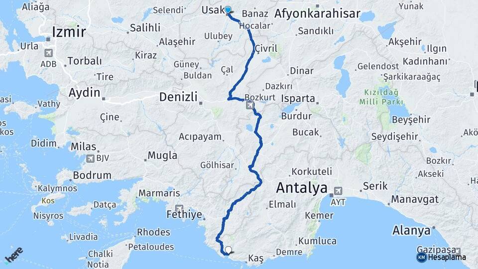 Uşak Kalkan Kaş Antalya Arası Kaç Km - Yol Haritası
