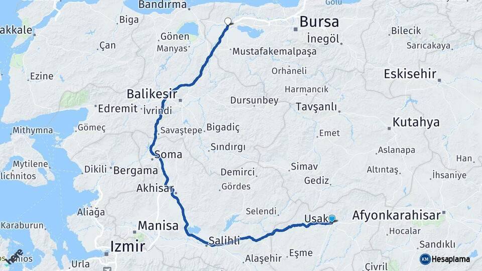 Uşak Karacabey Bursa Arası Kaç Km - Yol Haritası