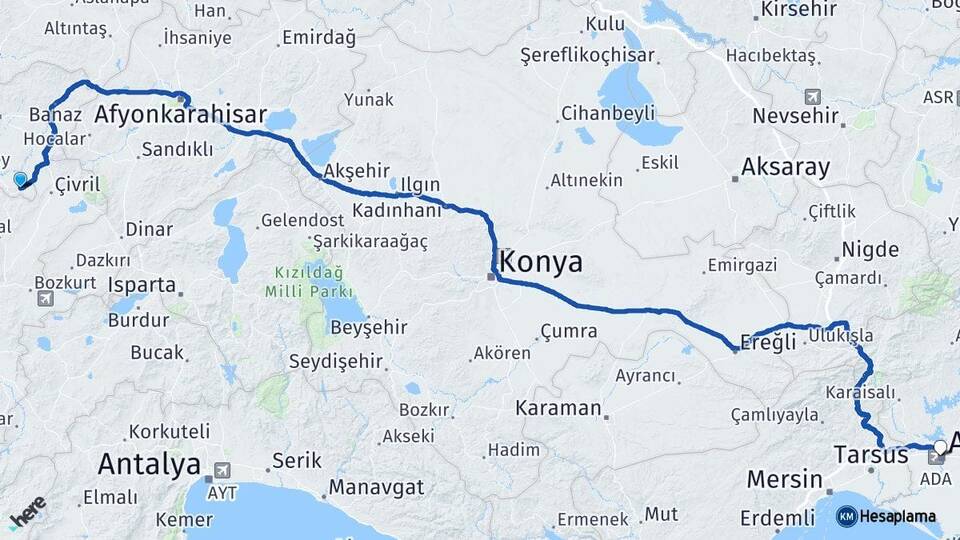 Uşak Karahallı Adana Arası Kaç Km - Yol Haritası