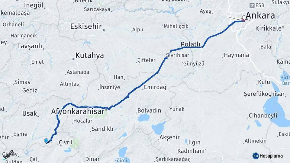 Uşak Karahallı Ankara Arası Kaç Km - Yol Haritası