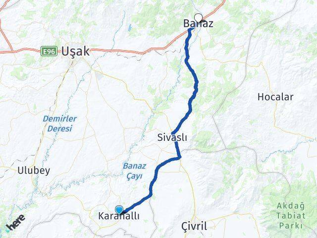 Uşak Karahallı Banaz Arası Kaç Km - Yol Haritası