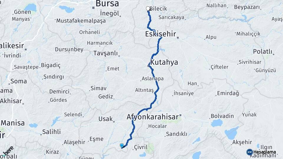 Uşak Karahallı Bilecik Arası Kaç Km - Yol Haritası