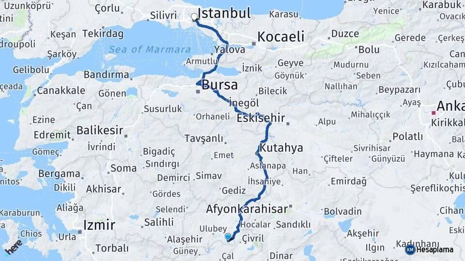 Uşak Karahallı İstanbul Arası Kaç Km - Yol Haritası