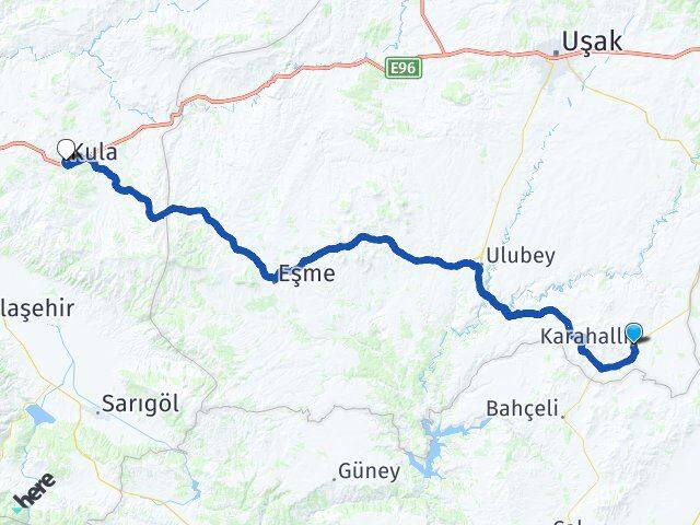 Uşak Karahallı Kula Manisa Arası Kaç Km - Yol Haritası