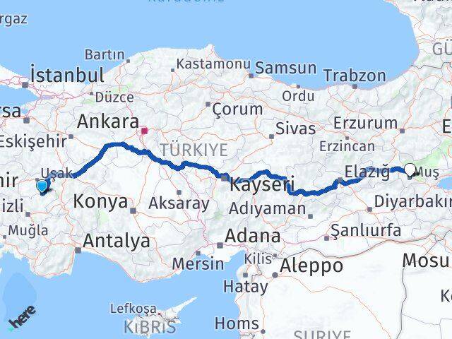 Uşak Karahallı Muş Arası Kaç Km - Yol Haritası