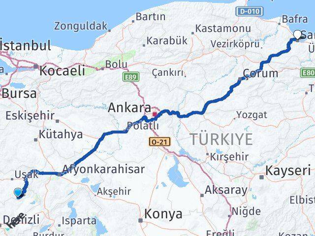 Uşak Karahallı Samsun Arası Kaç Km - Yol Haritası