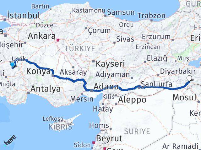 Uşak Karahallı Şırnak Arası Kaç Km - Yol Haritası