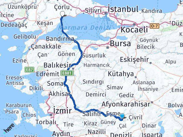 Uşak Karahallı Tekirdağ Arası Kaç Km - Yol Haritası