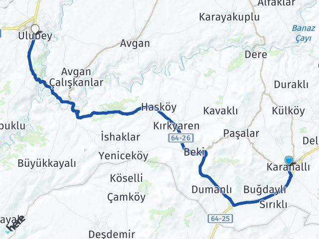 Uşak Karahallı Ulubey Arası Kaç Km - Yol Haritası