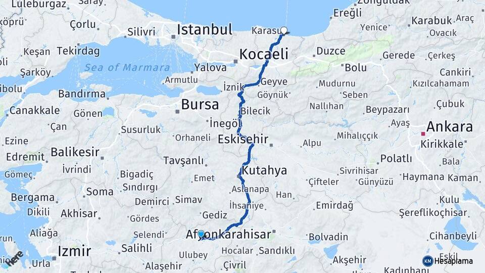 Uşak Karasu Sakarya Arası Kaç Km - Yol Haritası