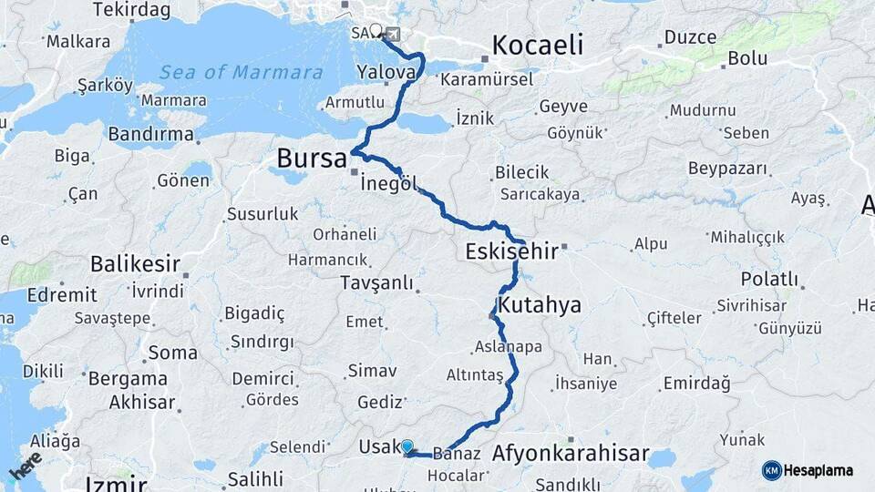 Uşak Kartal İstanbul Arası Kaç Km - Yol Haritası