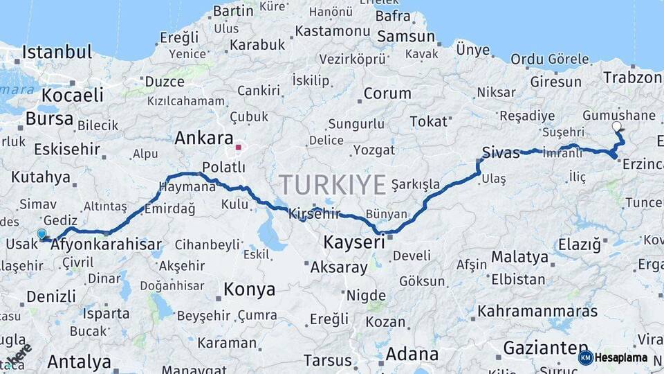 Uşak Kelkit Gümüşhane Arası Kaç Km - Yol Haritası