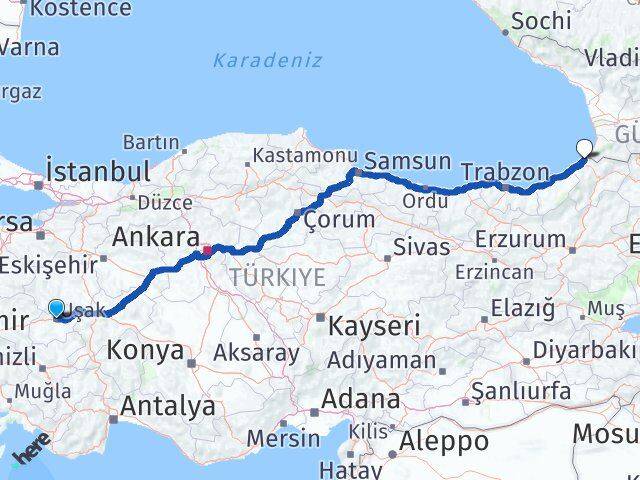 Uşak Kemalpaşa Artvin Arası Kaç Km - Yol Haritası