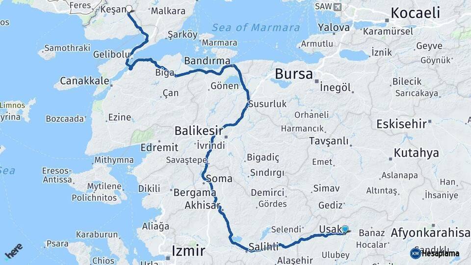 Uşak Keşan Edirne Arası Kaç Km - Yol Haritası