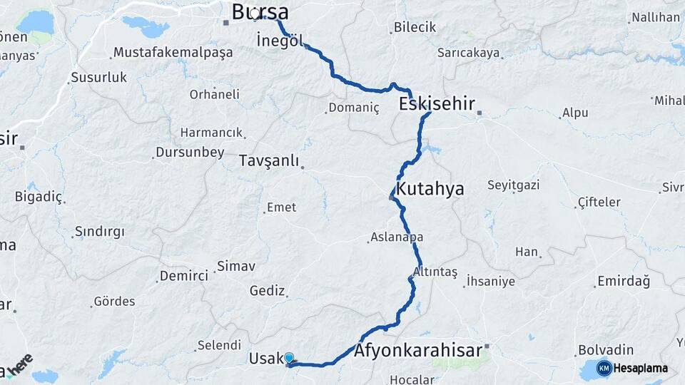 Uşak Kestel Bursa Arası Kaç Km - Yol Haritası