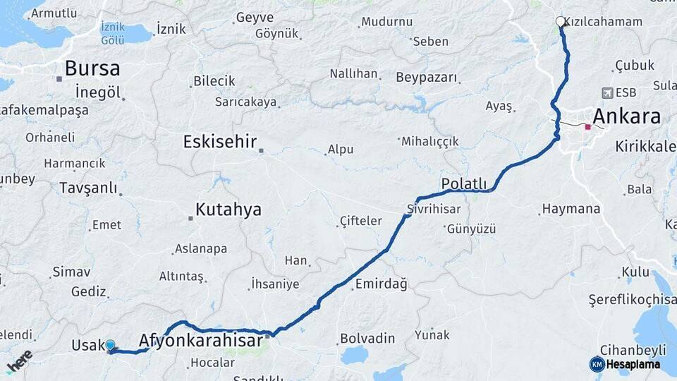 Uşak Kızılcahamam Ankara Arası Kaç Km - Yol Haritası
