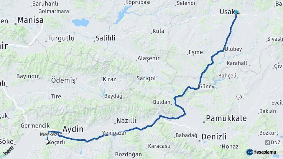 Uşak Koçarlı Aydın Arası Kaç Km - Yol Haritası