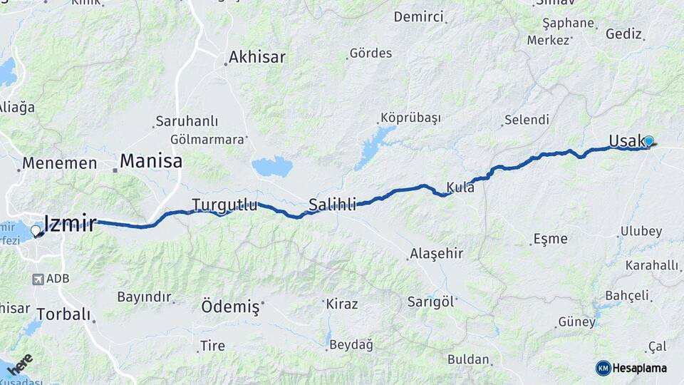 Uşak Konak İzmir Arası Kaç Km - Yol Haritası