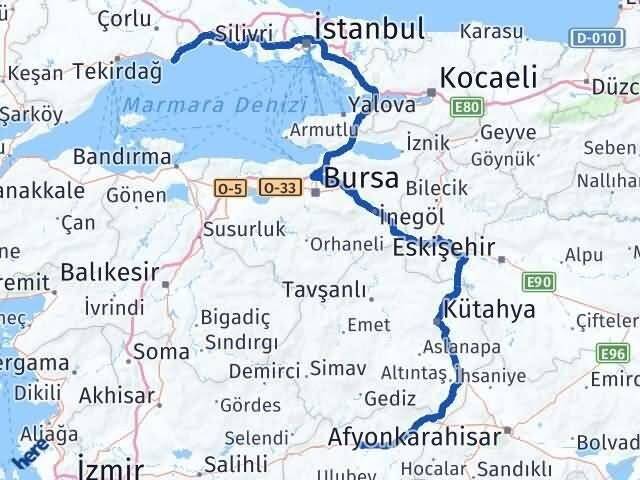 Uşak Marmaraereğlisi Tekirdağ Arası Kaç Km - Yol Haritası