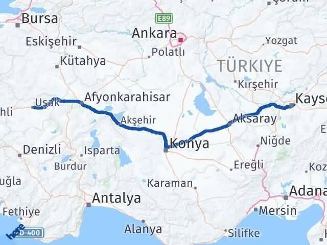 Uşak Melikgazi Kayseri Arası Kaç Km - Yol Haritası