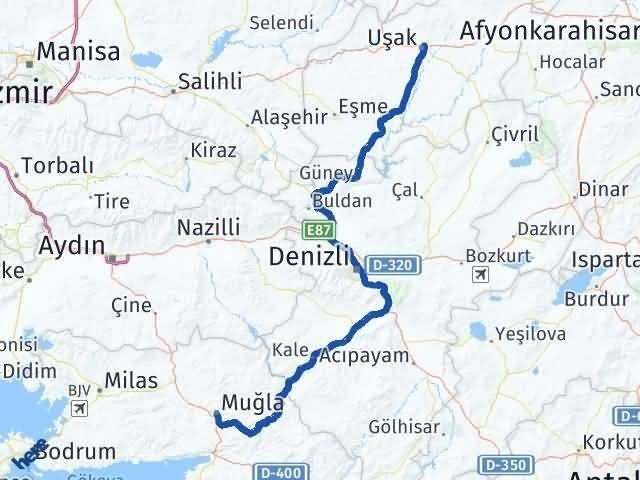 Uşak Menteşe Muğla Arası Kaç Km - Yol Haritası